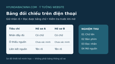 Sơ đồ bảng đối chiếu cho HyundaiBacNinh.com với nhãn tiêu chí, trạng thái chưa xác minh và bốn bước nghiệm thu