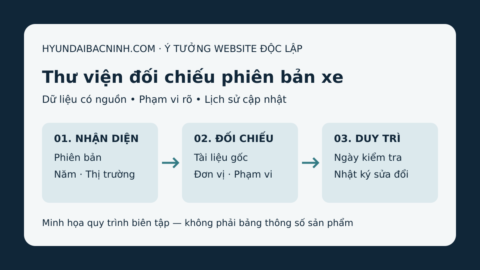 Sơ đồ quy trình thư viện phiên bản xe: nhận diện, đối chiếu nguồn và duy trì nhật ký sửa đổi